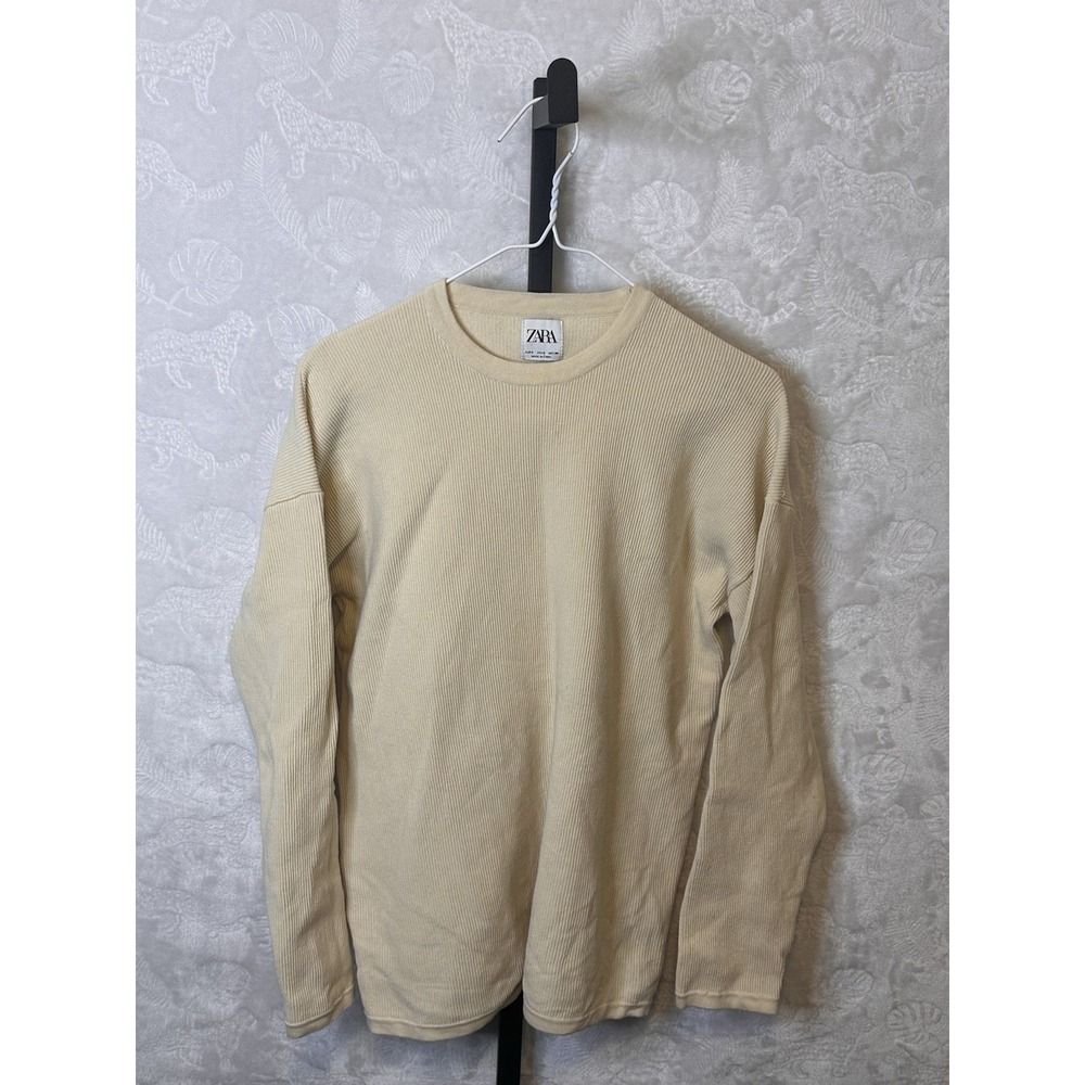 Zara Men's Beige Ribbed Knit Pullover Crew Neck Sweater Long Sleeve Size S